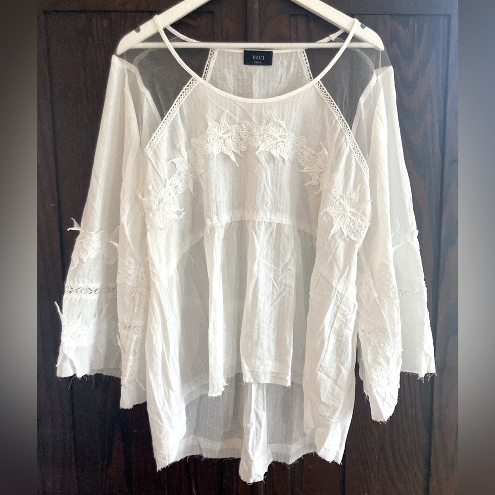 Vici White Embroidered Lace Sheer Detail Boho Chic Women's Top